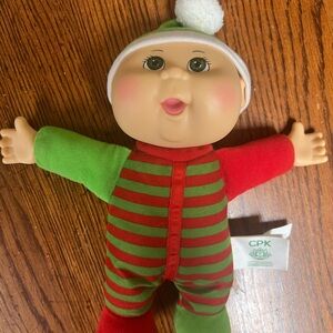Cabbage patch kids Christmas baby candy striped with green Santa hat about 10”